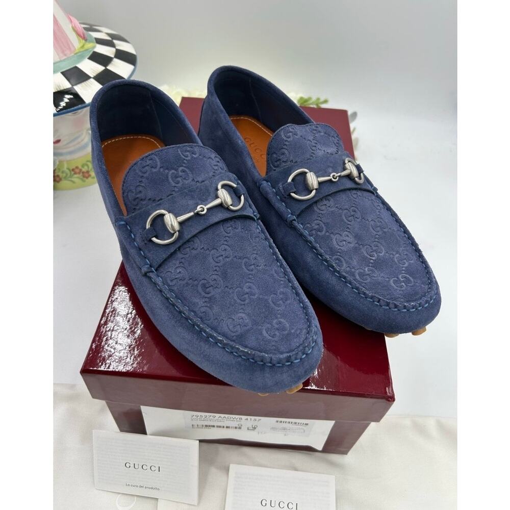 Men's Gucci GG embossed suede driver loafers size 10 fits 10.5 US made in Italy